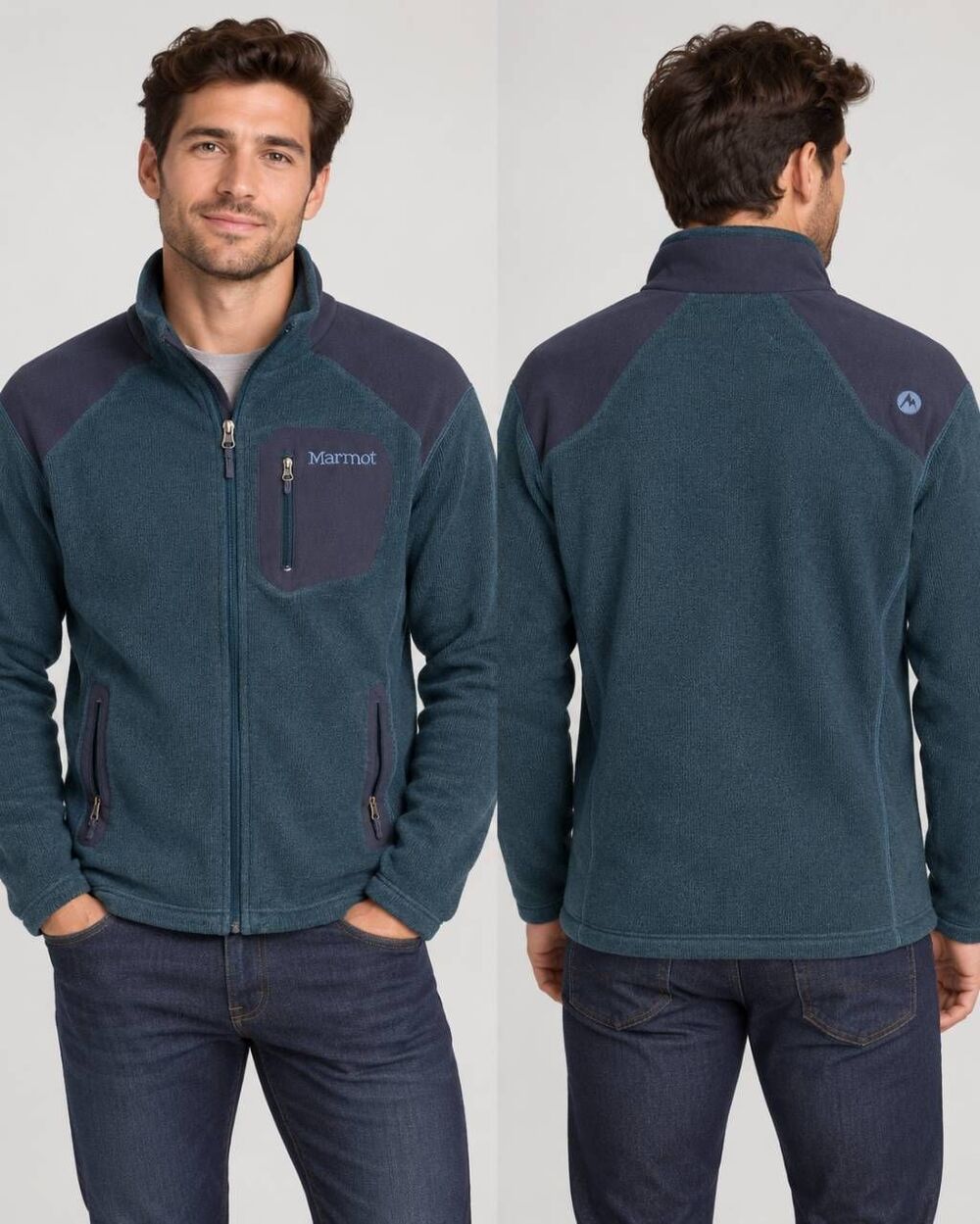 Marmot Polartec Fleece Jacket Men’s XL Teal Navy Full Zip Hiking Outdoor